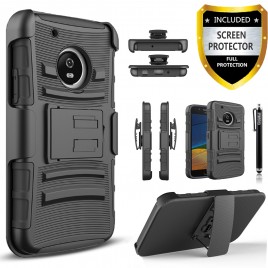 Motorola Moto E4 Case, Dual Layers [Combo Holster] Case And Built-In Kickstand Bundled with [Premium Screen Protector] Hybird Shockproof And Circlemalls Stylus Pen (Black)
